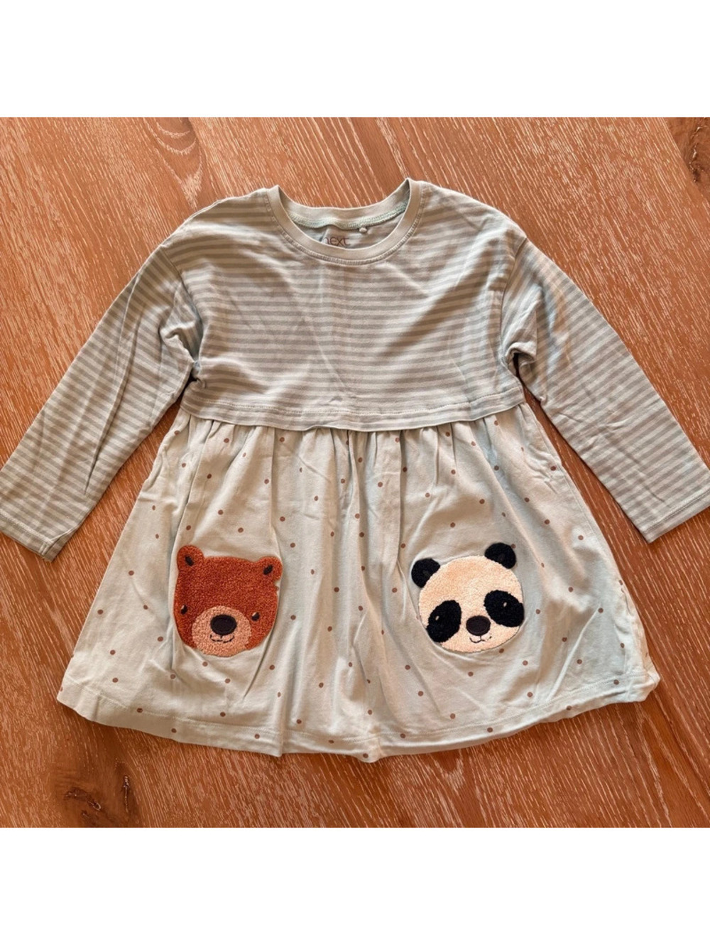 NEXT Girls 4-5Y Panda Bear Appliqué Polka Dot Long Sleeve Dress 110cm